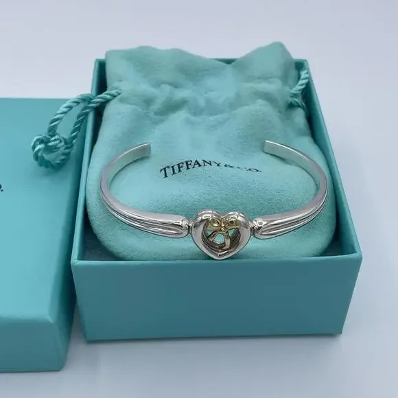Tiffany & Co Sterling Silver and 18K Yellow Gold Heart Bow Ribbon Cuff Bracelet